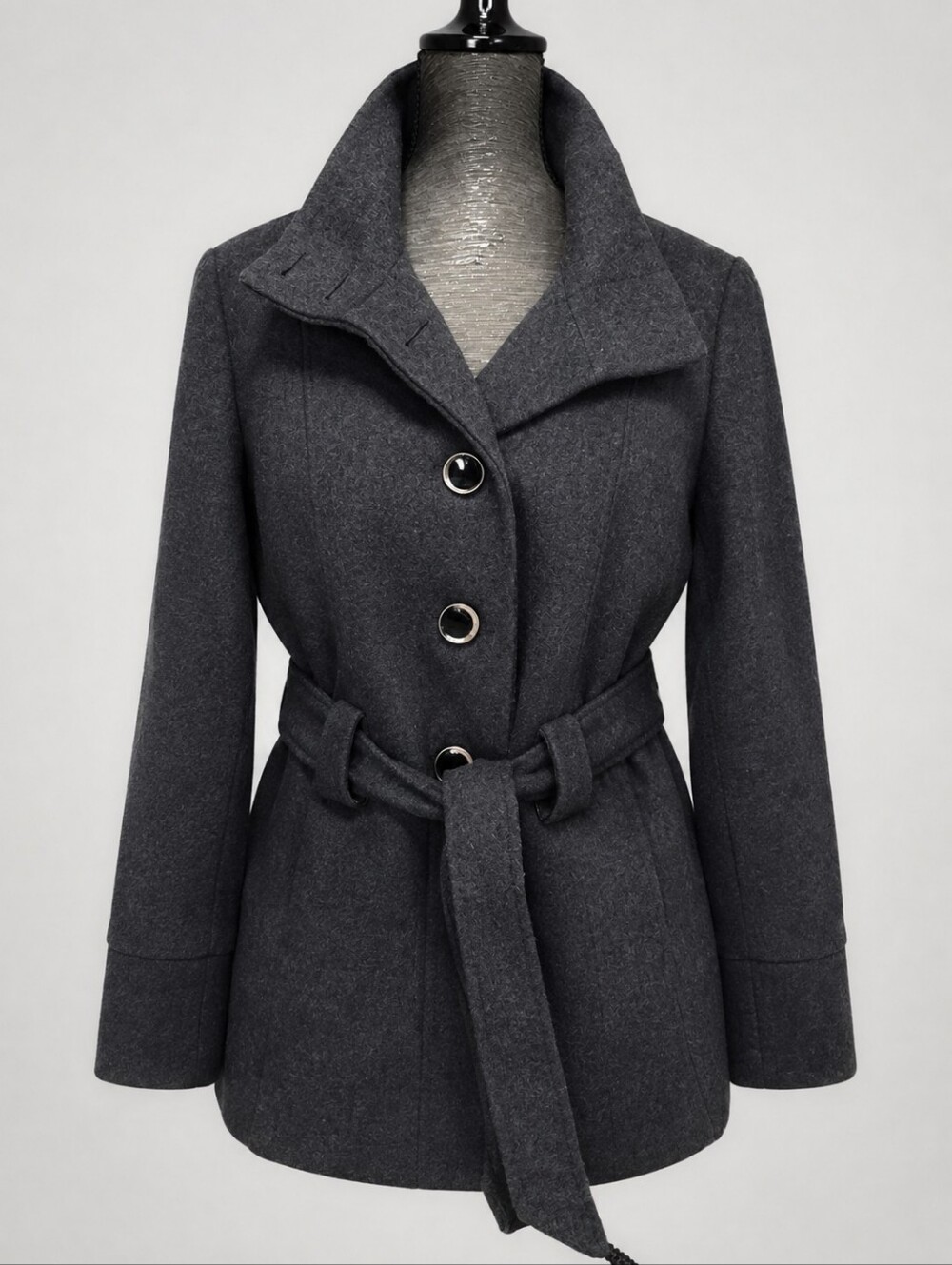 Cleo Elegant Black Pea Coat with Shiny Silver Accents